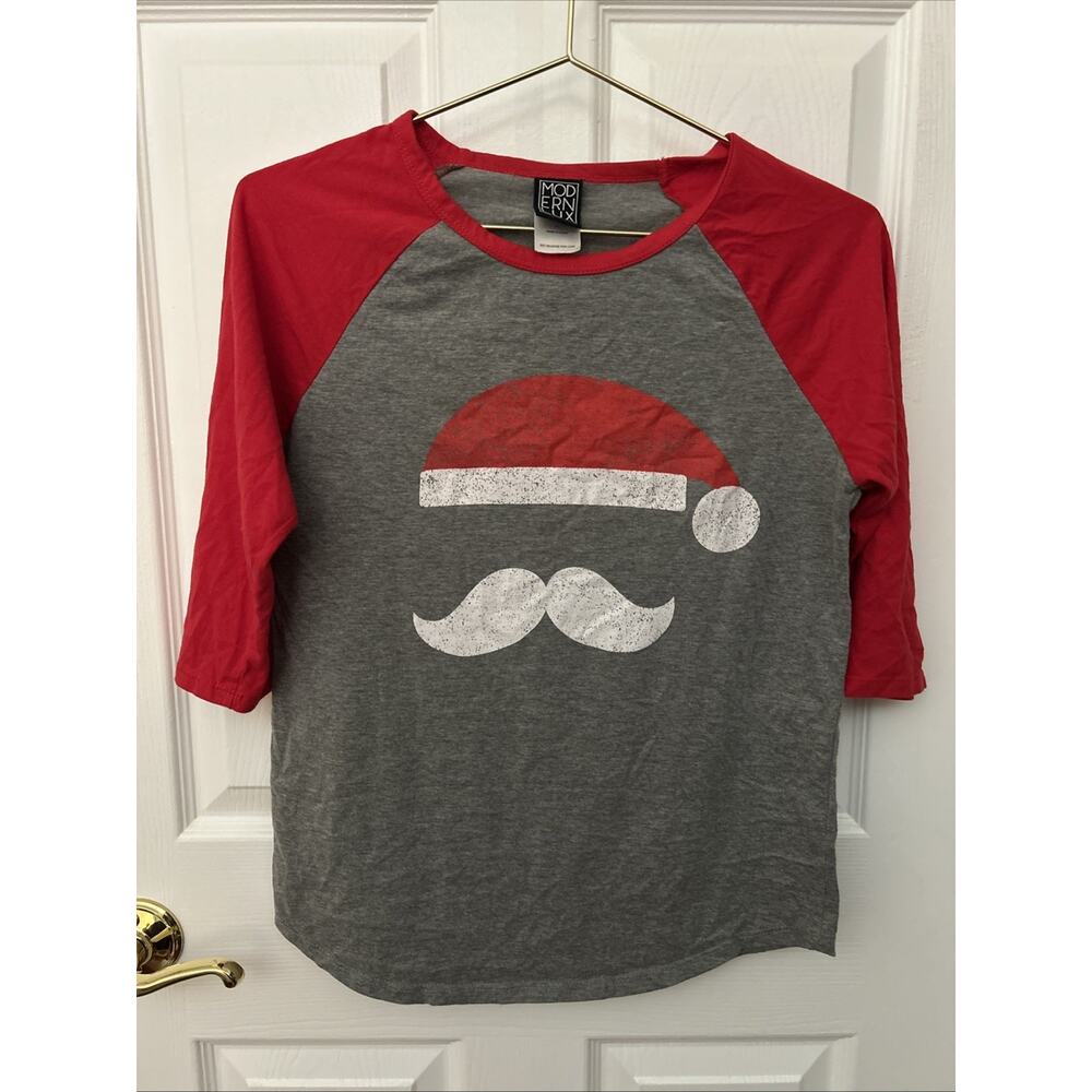 Modern Lux Women's Santa Face Baseball Style T Shirt Large Xmas Holiday